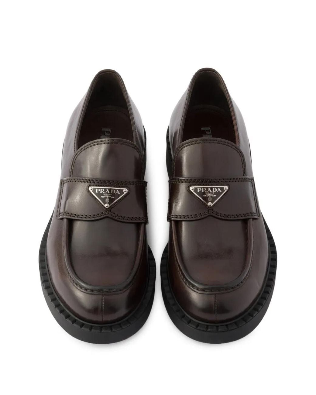Prada Brown Logo-Plaque Calf Leather Loafers for men