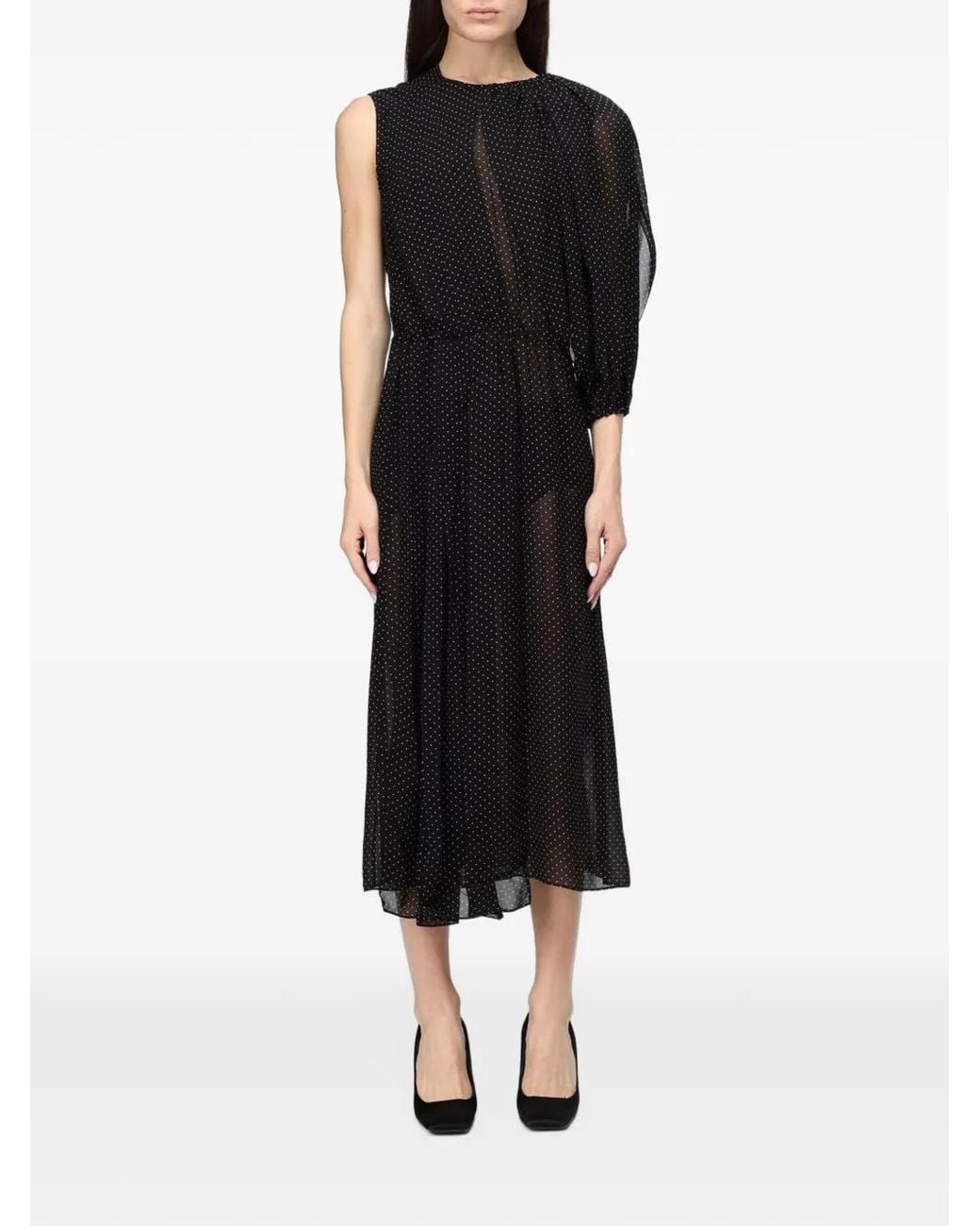 CRI.DA Black Electra Polka-Dot Asymmetric Midi Dress