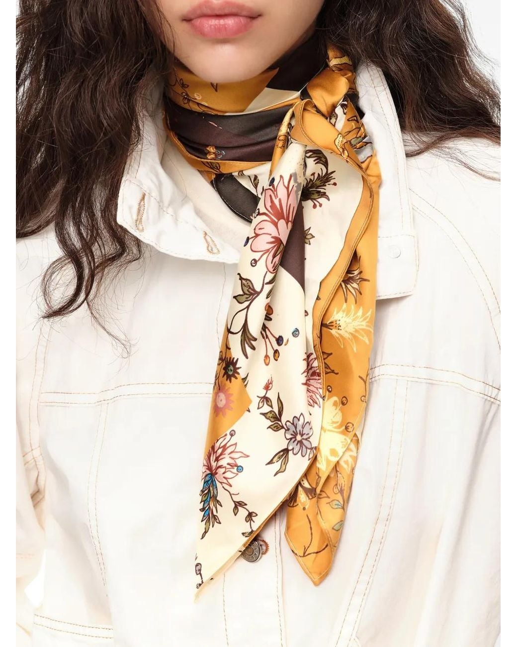 Bimba Y Lola Metallic Ocher Romantic Flowers Patchwork Scarf