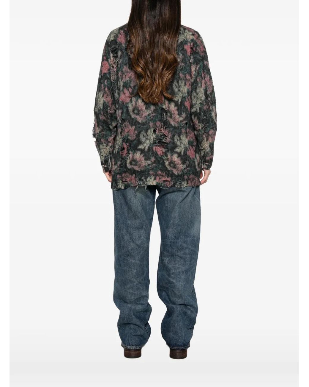 R13 Gray Distressed Floral-Print Cardigan