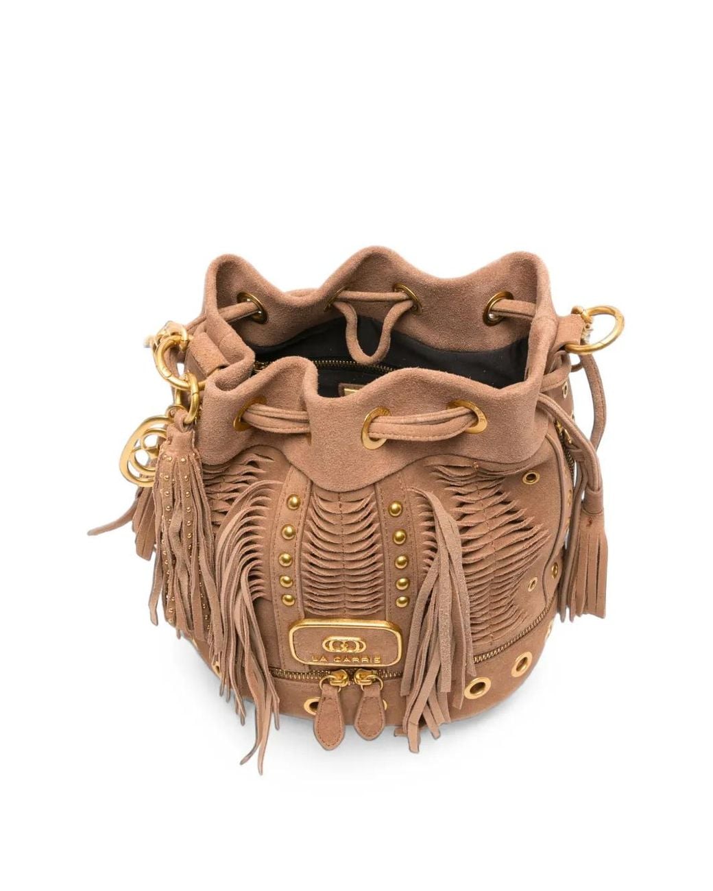 La Carrie Natural Apallosa Fringed Stud-Embellished Bucket Bag