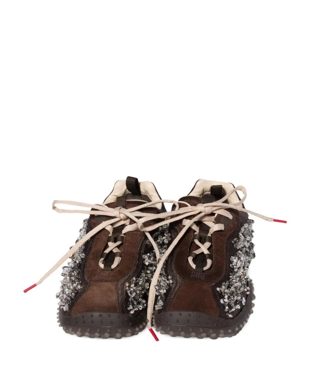 Miu Miu Brown Bubble Embroidered Technical Fabric And Suede Sneakers