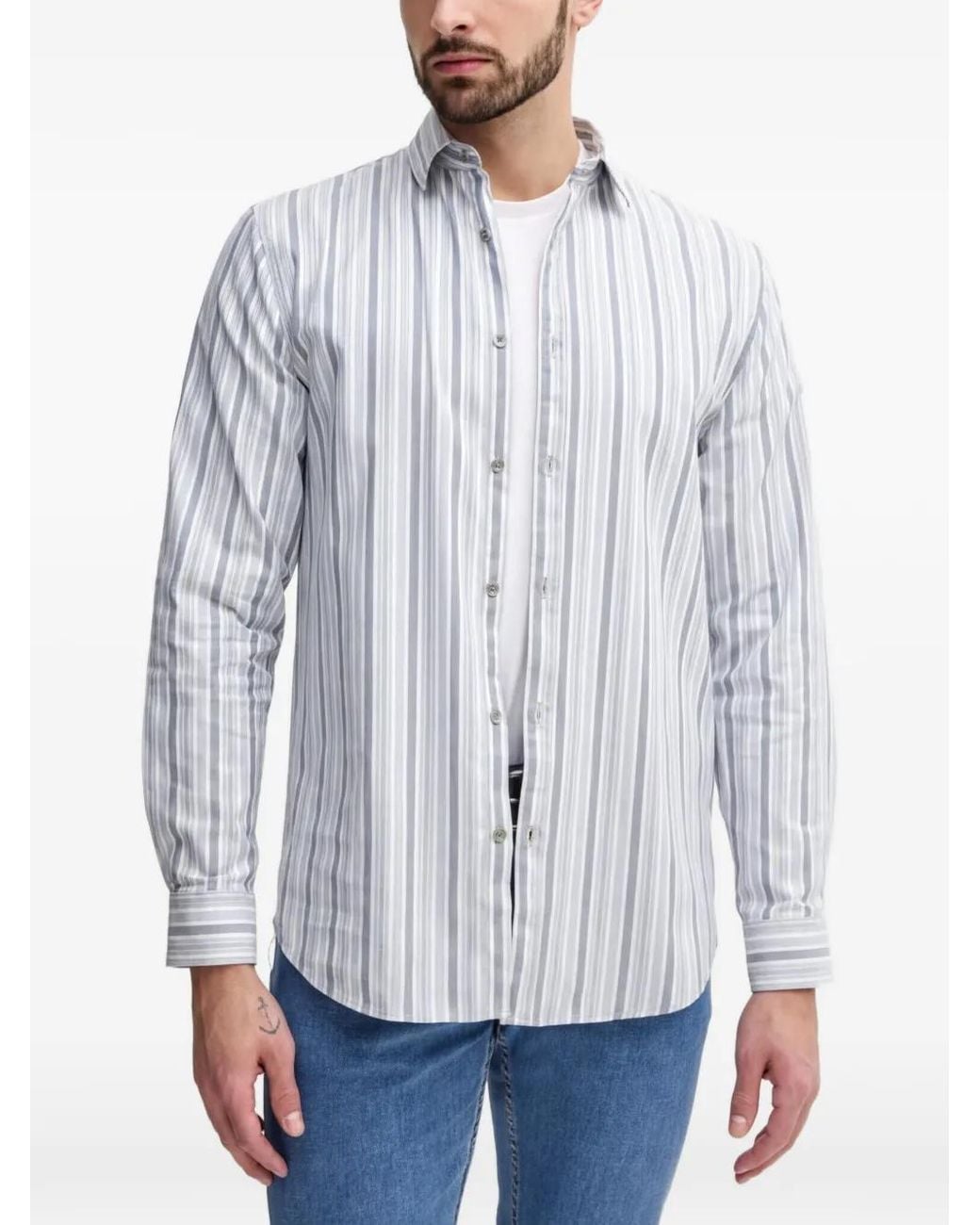 Guess White Vertical-Stripe Long-Sleeve Shirt for men