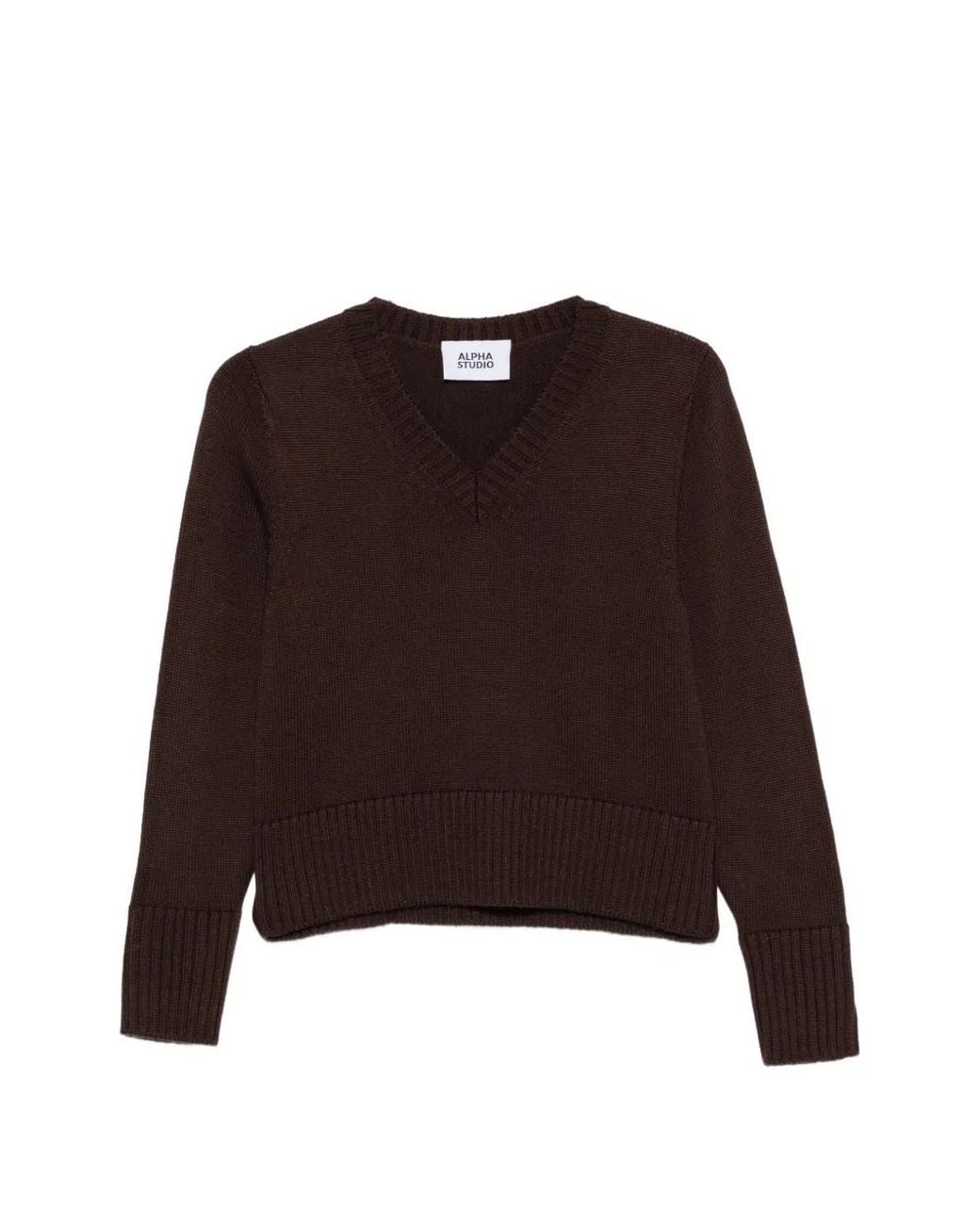 Alpha Studio Brown V-Neck Ribbed-Trim Sweater