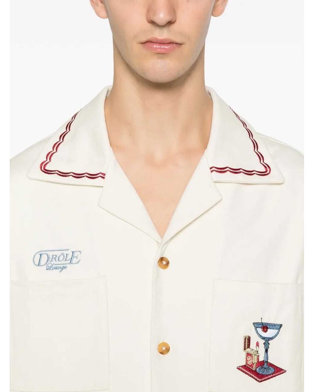 Drole de Monsieur White Embroidered Pocket Shirt for men