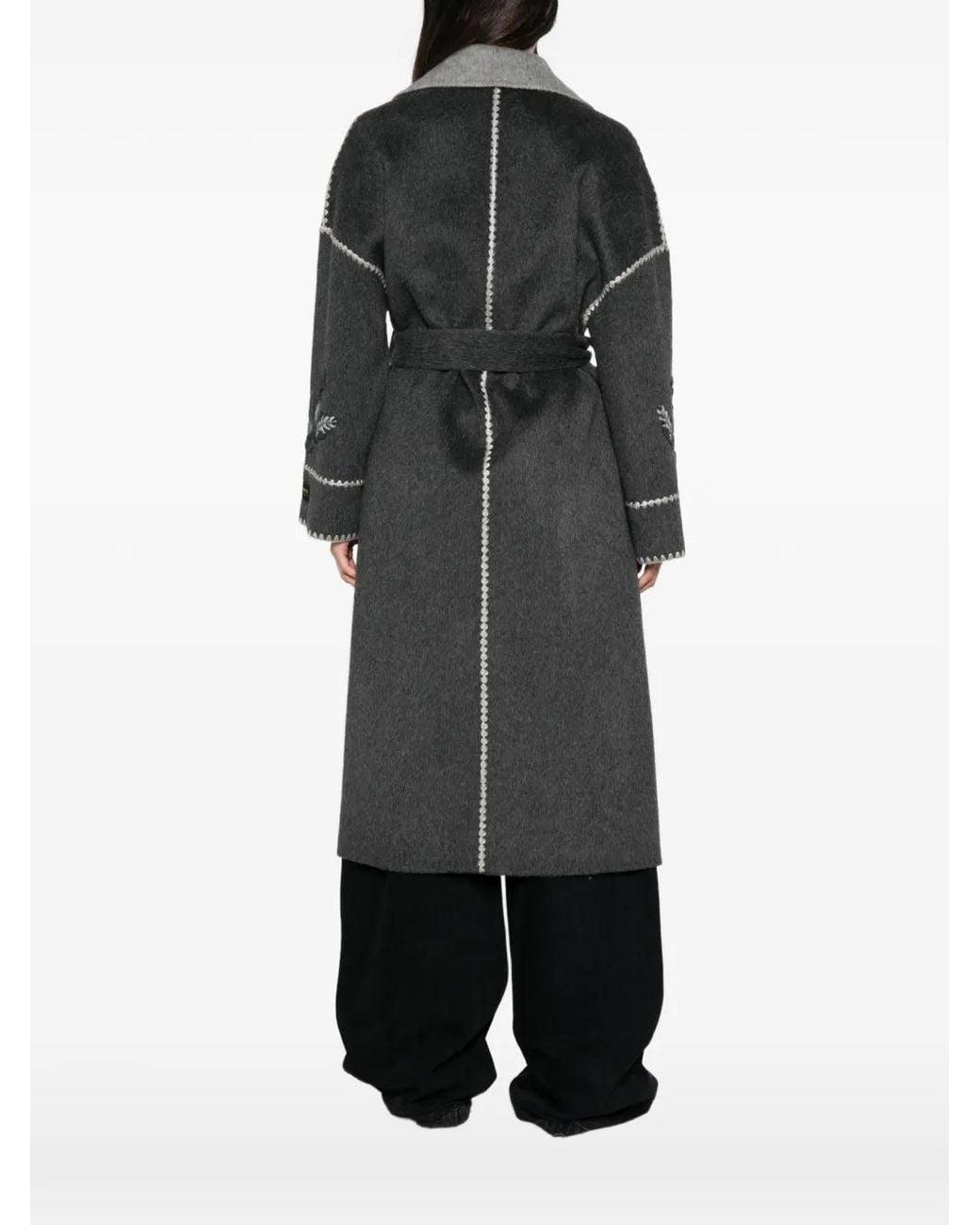 ERMANNO FIRENZE Black Floral-Embroidered Belted Coat