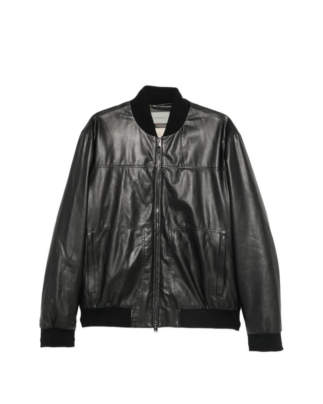Canali Black Zip-Up Leather Jacket for men