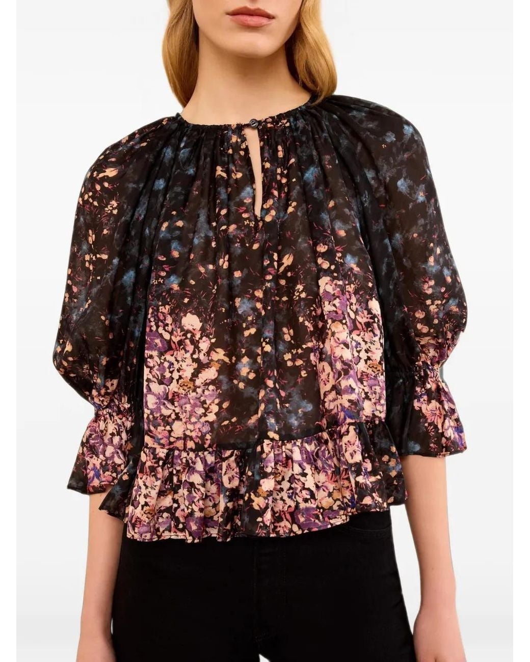 Ulla Johnson Black Blouse Volantée À Fleurs En Jacquard Elise