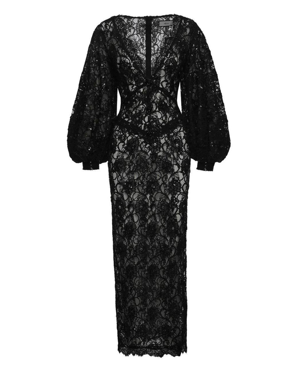 Nissa Black Sequin Lace Midi Dress