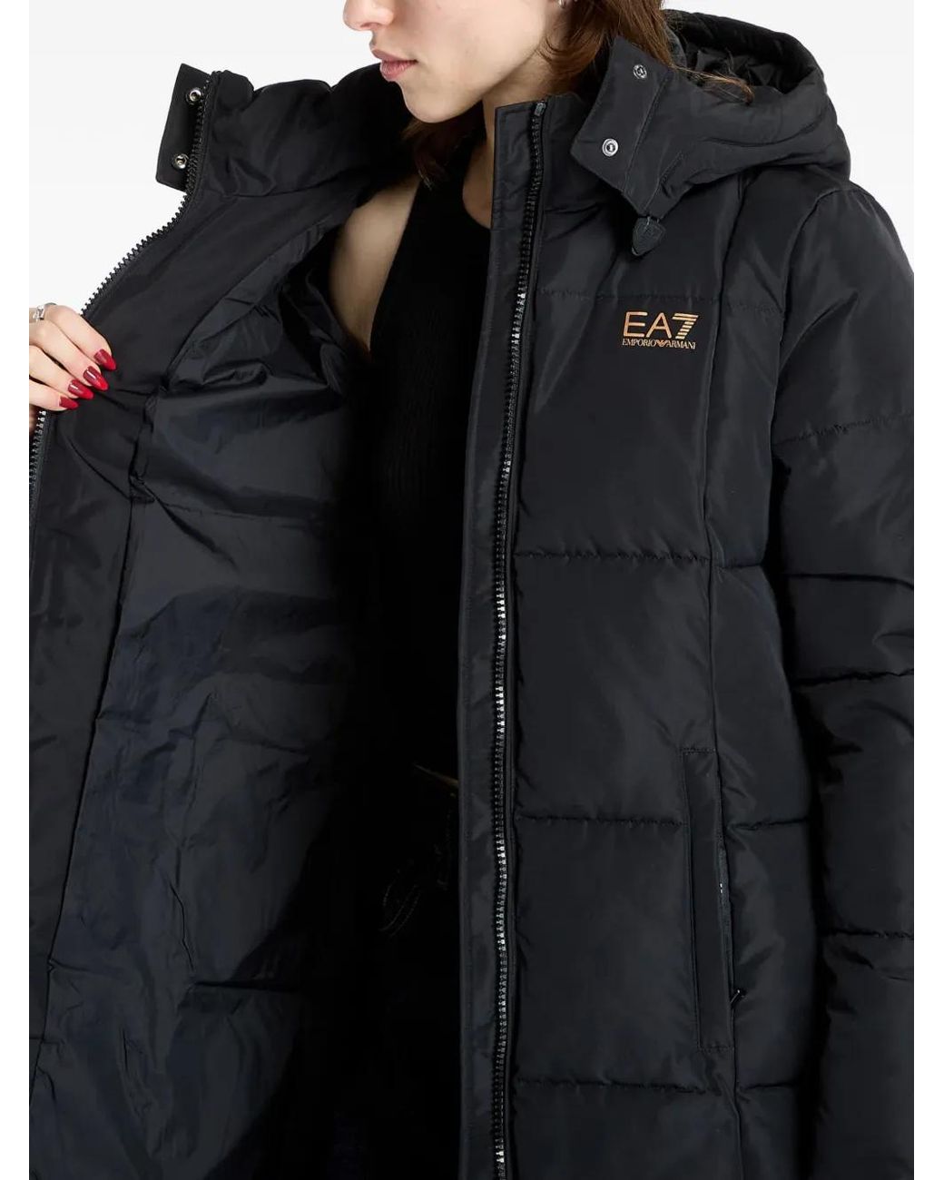 EA7 Black Quilted Hooded Coat