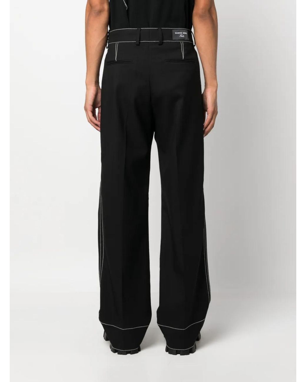 MARINE SERRE Black Contrast-Stitching Straight-Leg Trousers for men