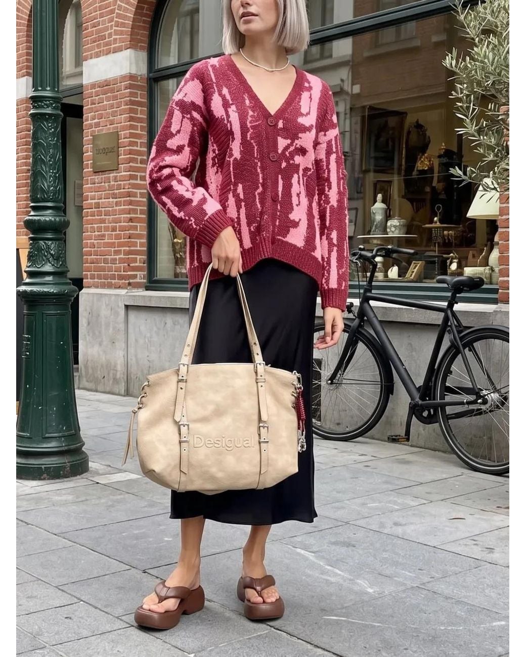 Desigual Red Cardigan En Jacquard À Effet Usé