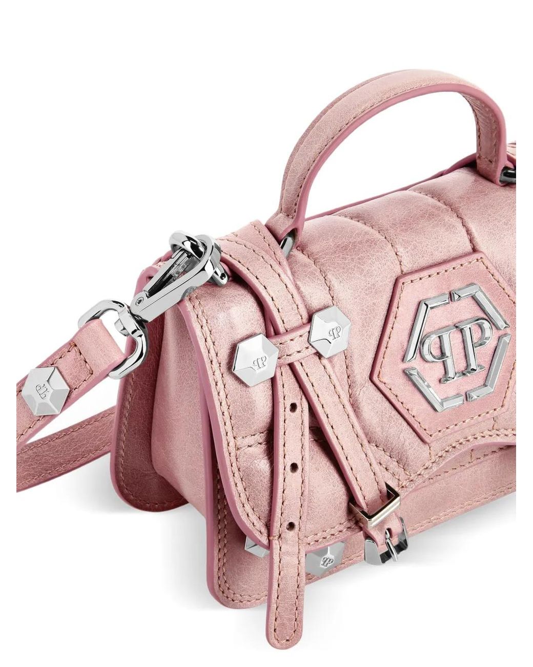 Philipp Plein Pink Crackle Leather Belt Handle Bag Small Hexagon