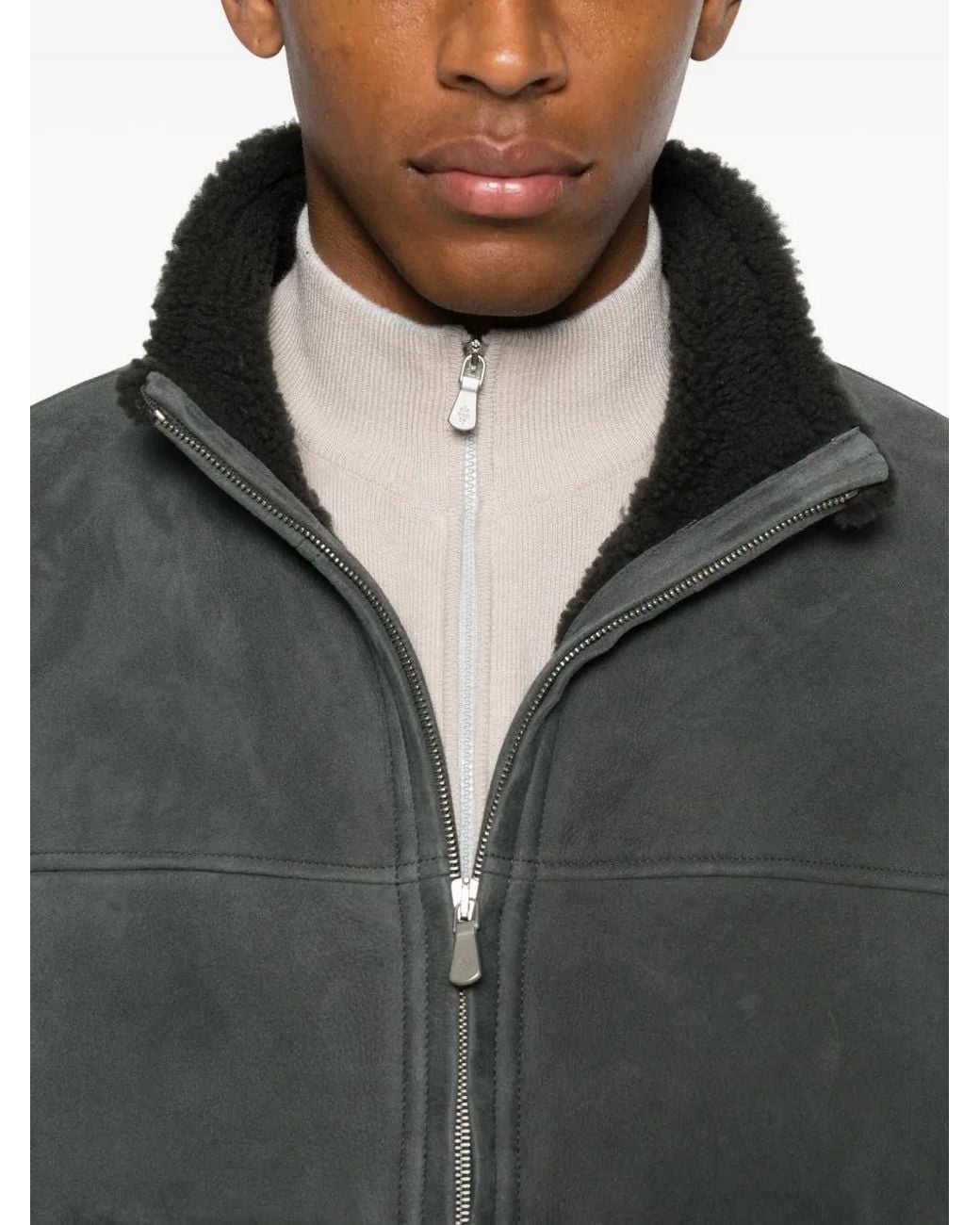 Eleventy Black Zip-Front Shearling Jacket for men