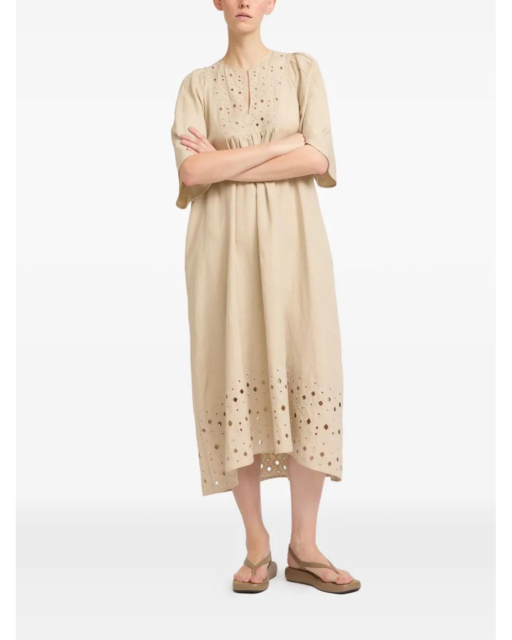 Yves Salomon Natural Embroidered-Detail Midi Dress