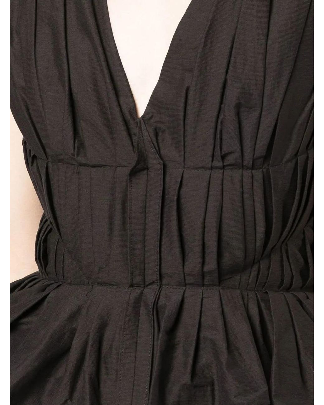 Pushbutton Black V-Neck Midi Dress