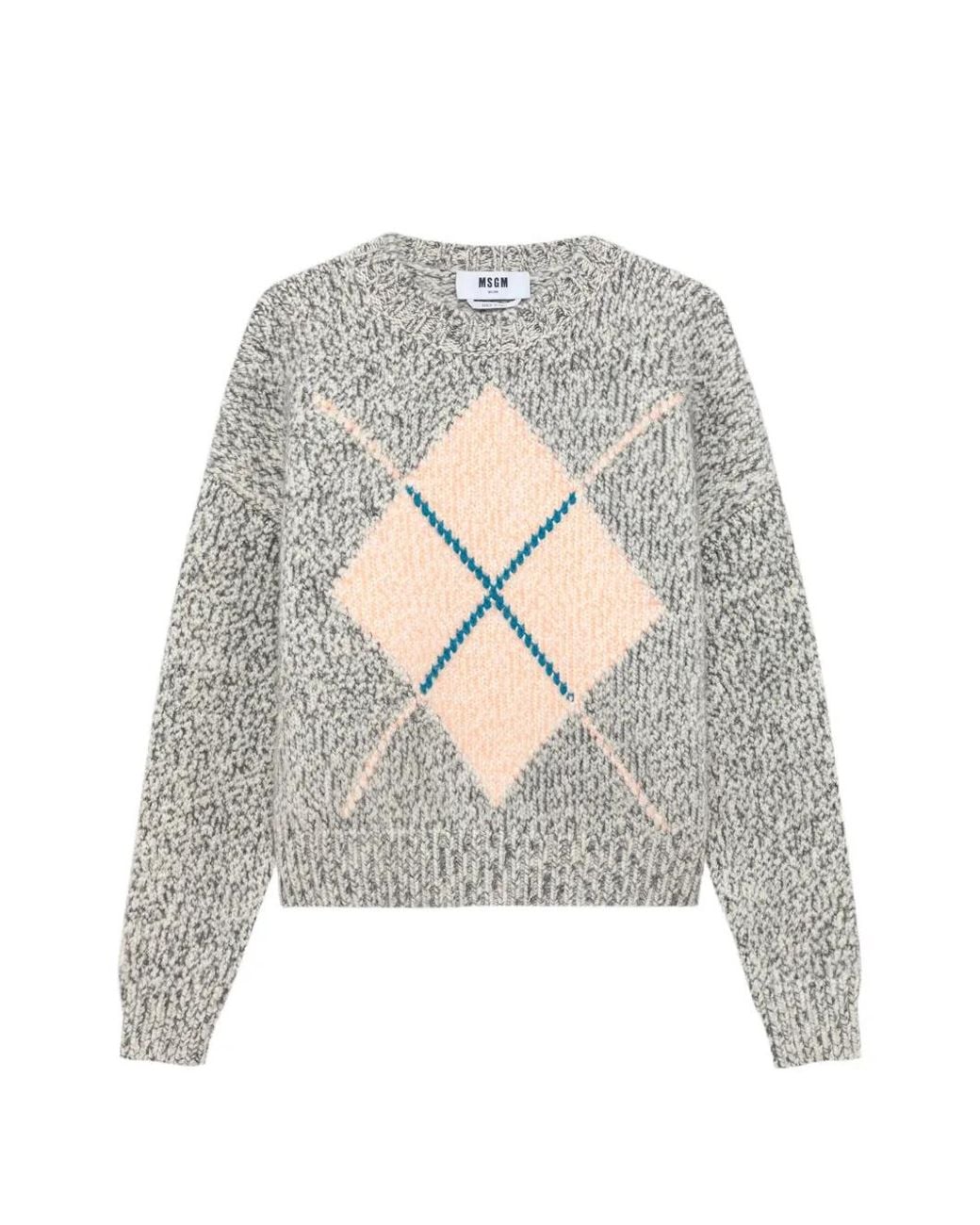 MSGM White Argyle-Pattern Marl-Knit Sweater