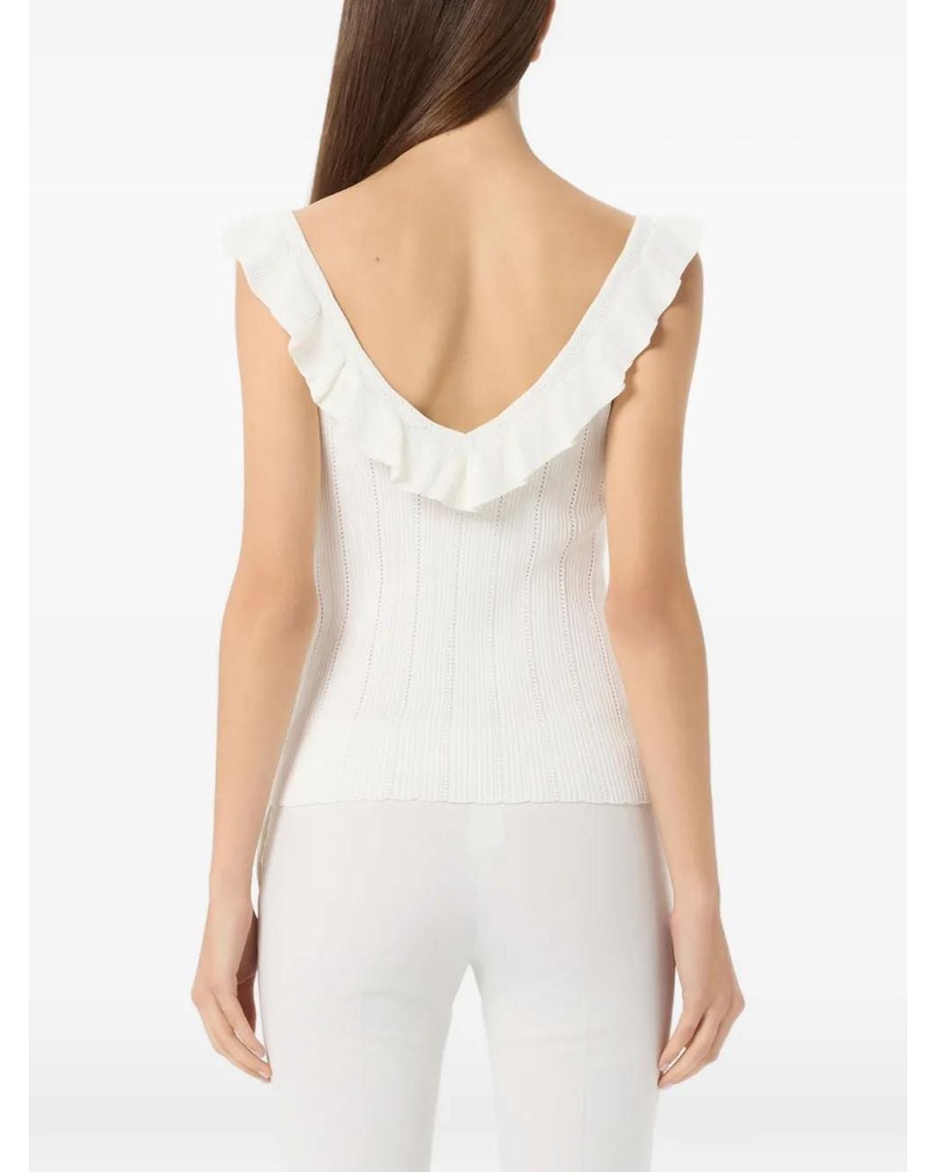 Blumarine White Ruffled V-Neck Tank Top