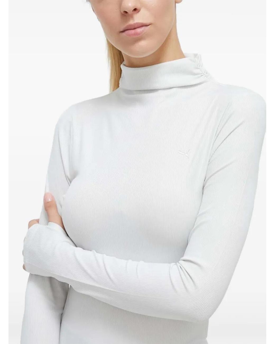 PUMA White Ribbed High-Neck Top