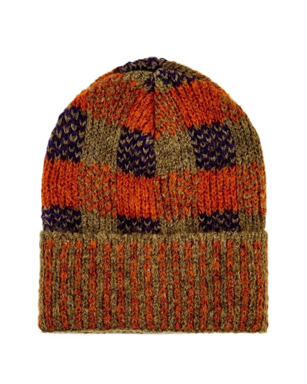 Gallo Orange Check-Pattern Knitted Beanie Hat