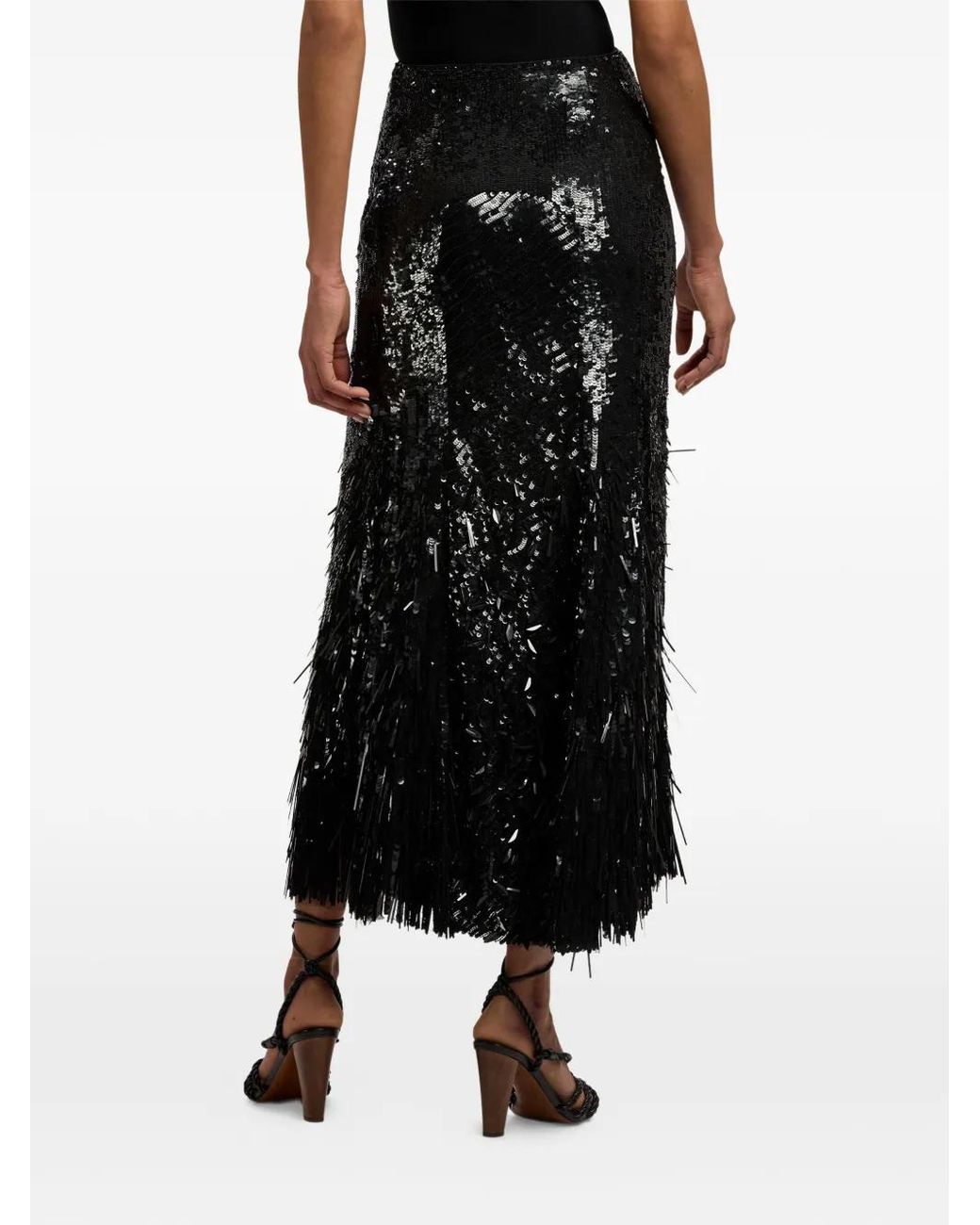 Ralph Lauren Black Sequin Fringed Midi Skirt