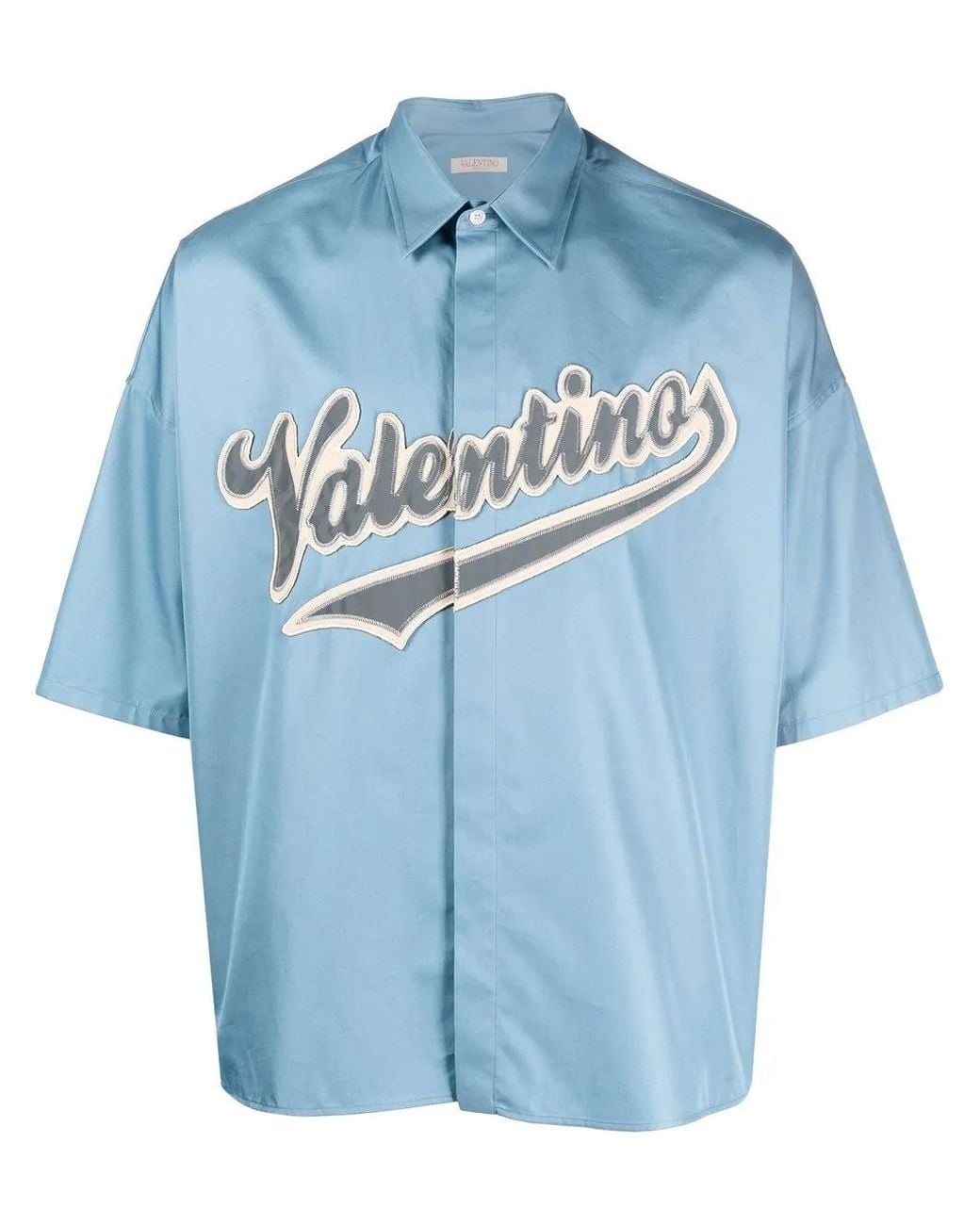 Valentino Garavani Blue Logo-Patch Bowling Shirt for men