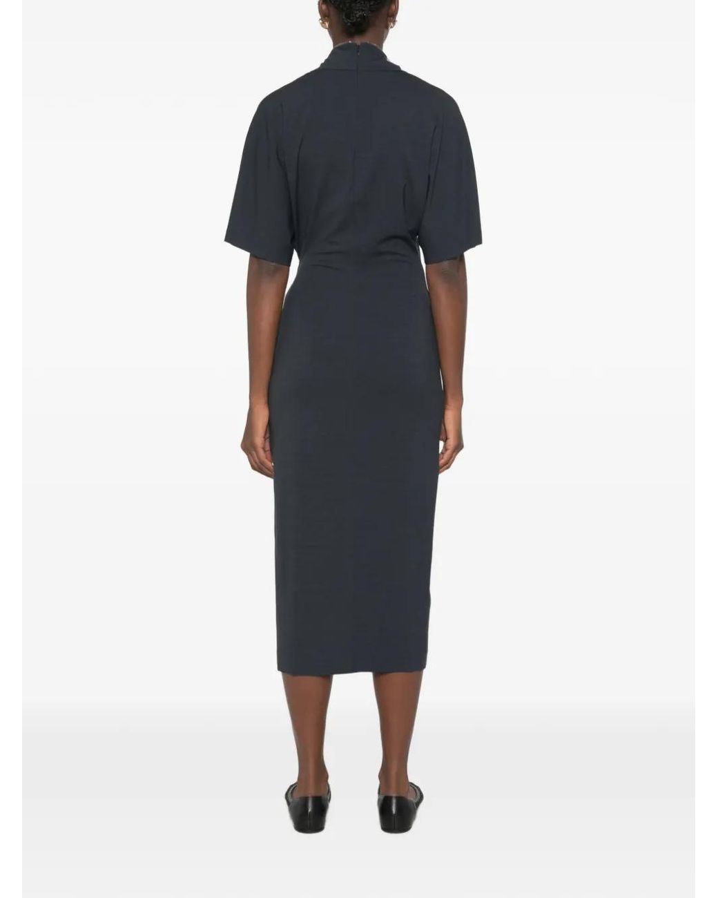 Brunello Cucinelli Black Twisted-Waist High-Neck Midi Dress