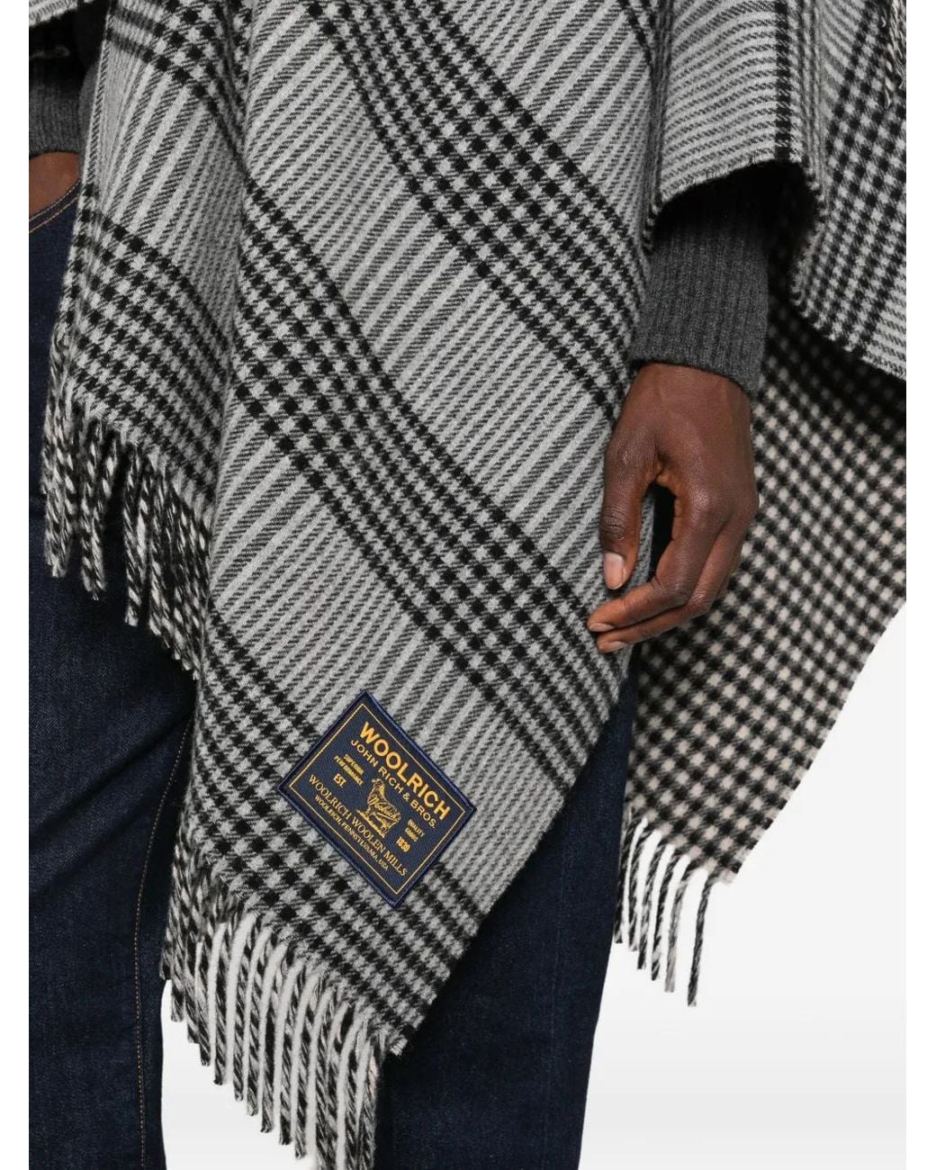 Woolrich Gray Check-Pattern Fringed Cape