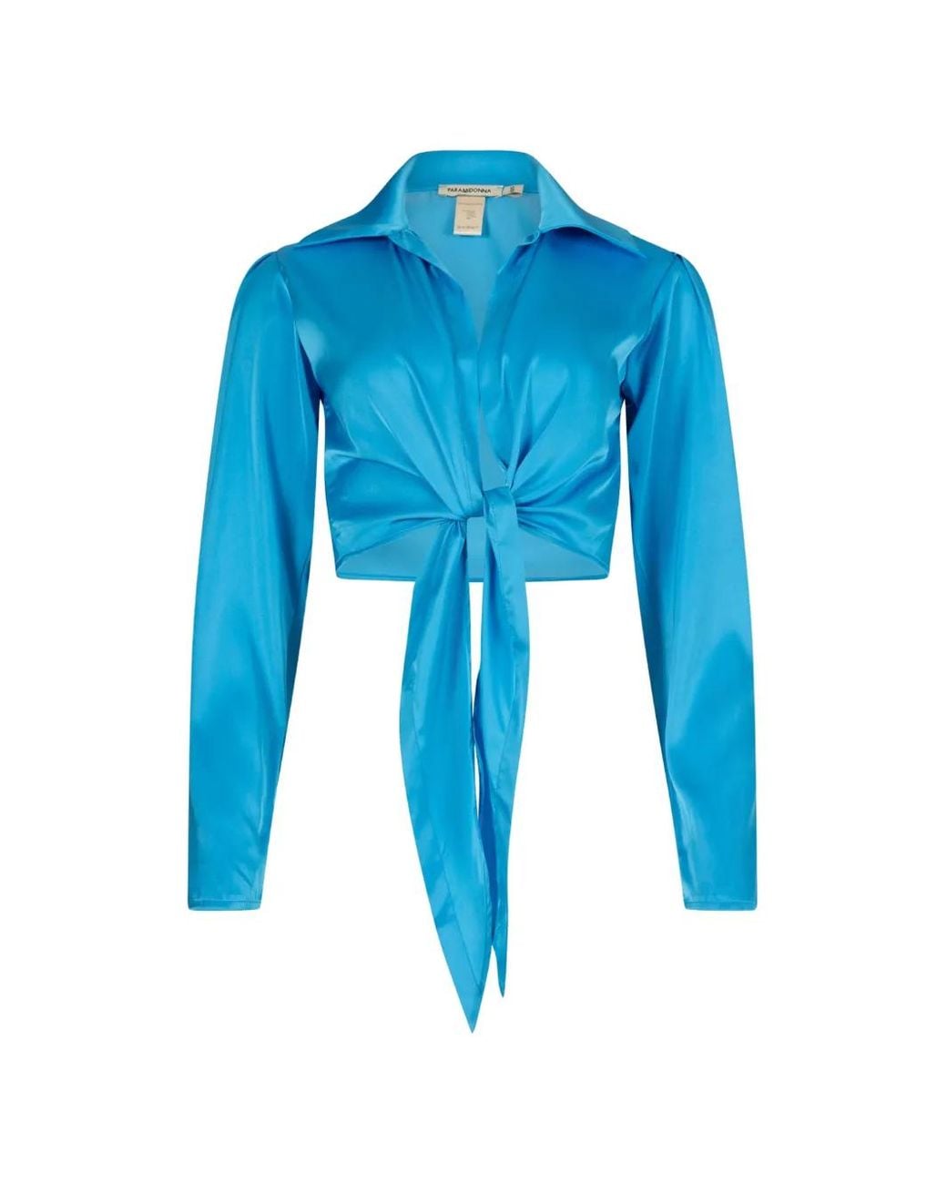 Paramidonna Blue Chemise Crop Pearl À Détail Noué