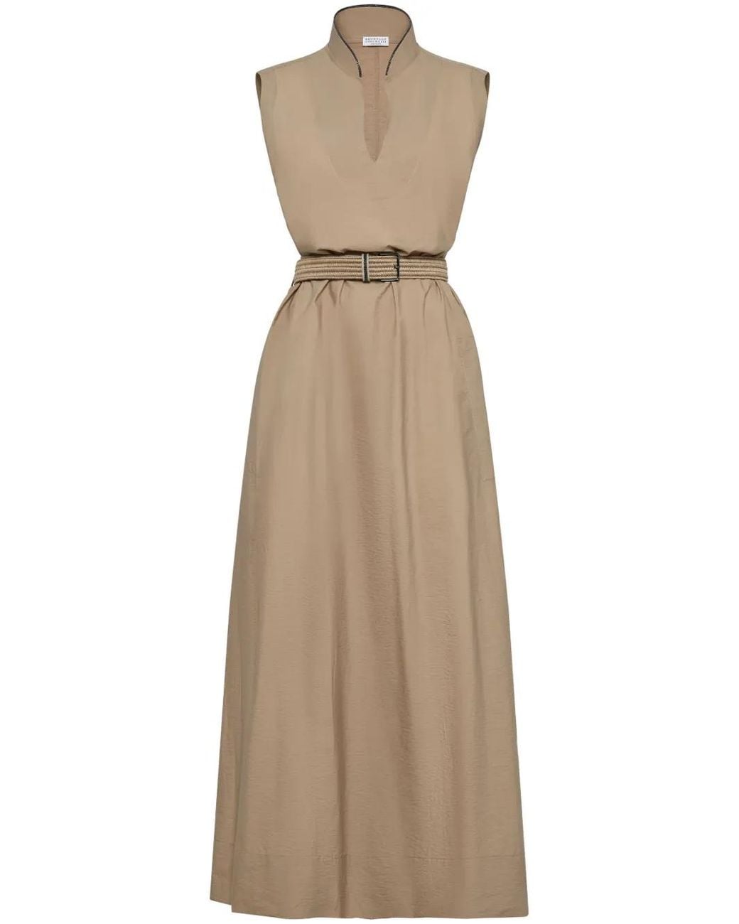Brunello Cucinelli Brown Techno Cotton Poplin Dress With Belt And Precious Shoulder Detail