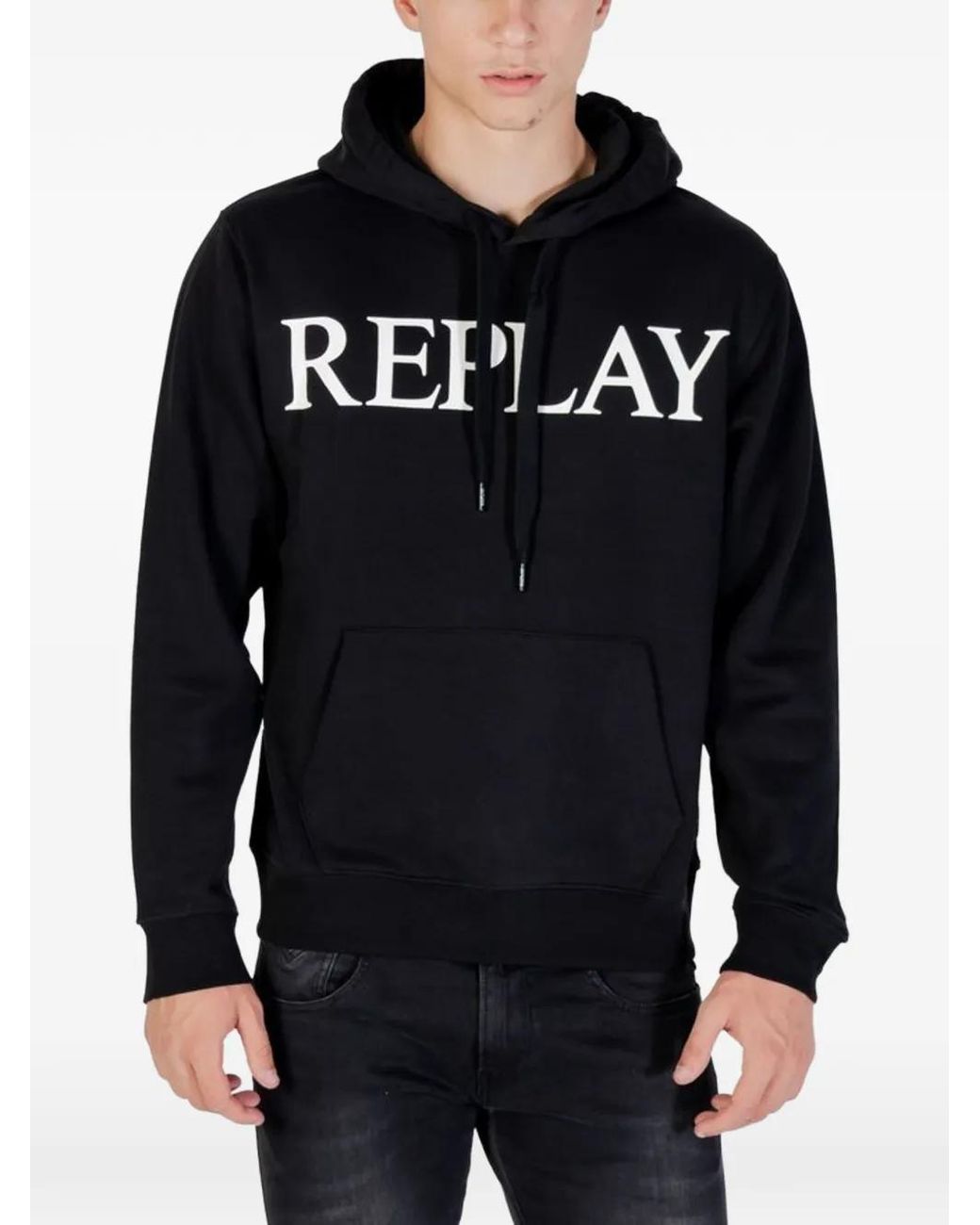 Replay Blue Logo-Print Drawstring Hoodie for men