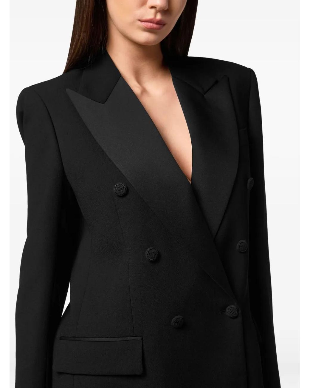 Philipp Plein Black Crepe And Satin Double-Breasted Blazer 'Dame'