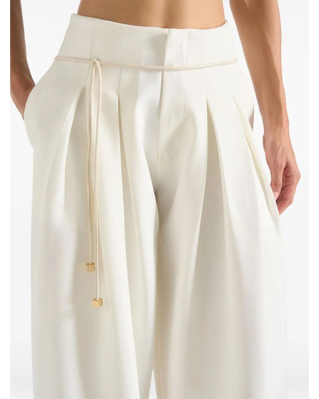 Manière De Voir White Flora Box-Pleat Wide-Leg Belted Pants