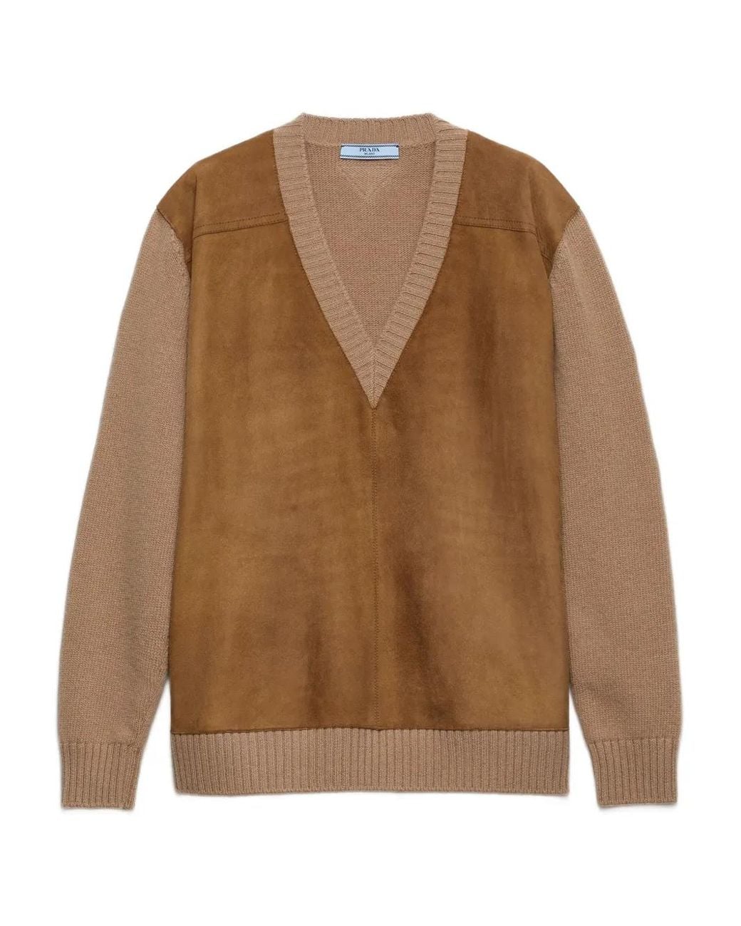 Prada Brown Suede-Panel V-Neck Sweater