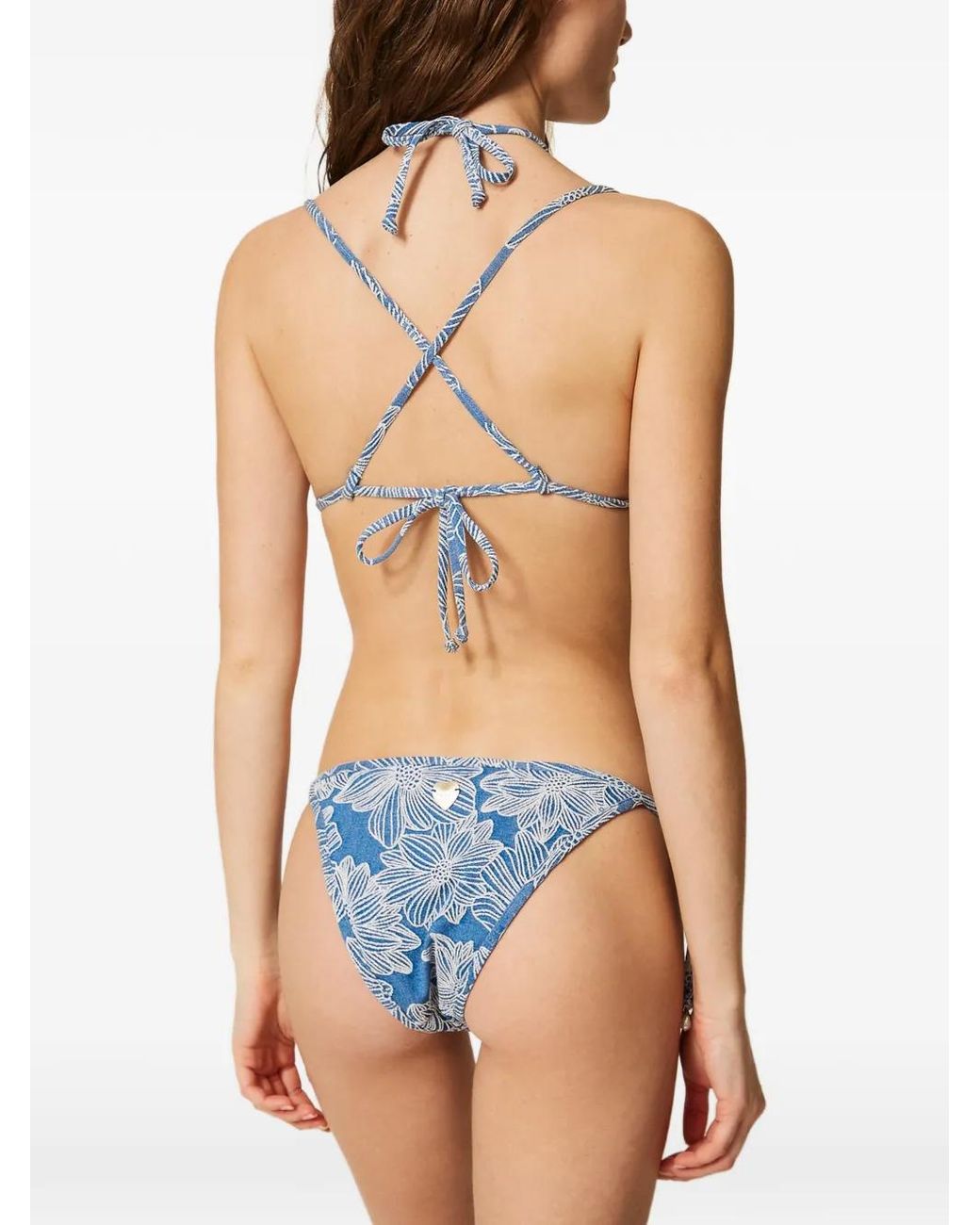 Twinset Blue Jacquard Triangle Bikini Top With Pearl