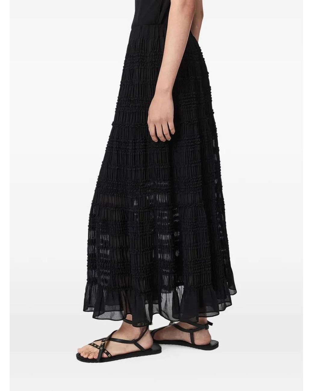 AllSaints Black Lotus Smocked Ruffled Midi Skirt