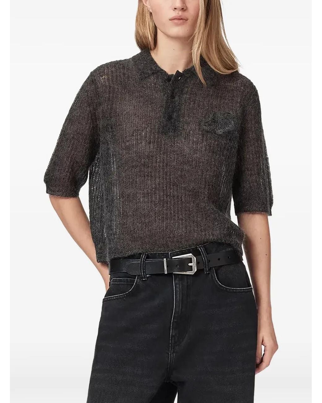 AllSaints Black Logo-Embroidered Polo-Style Sweater