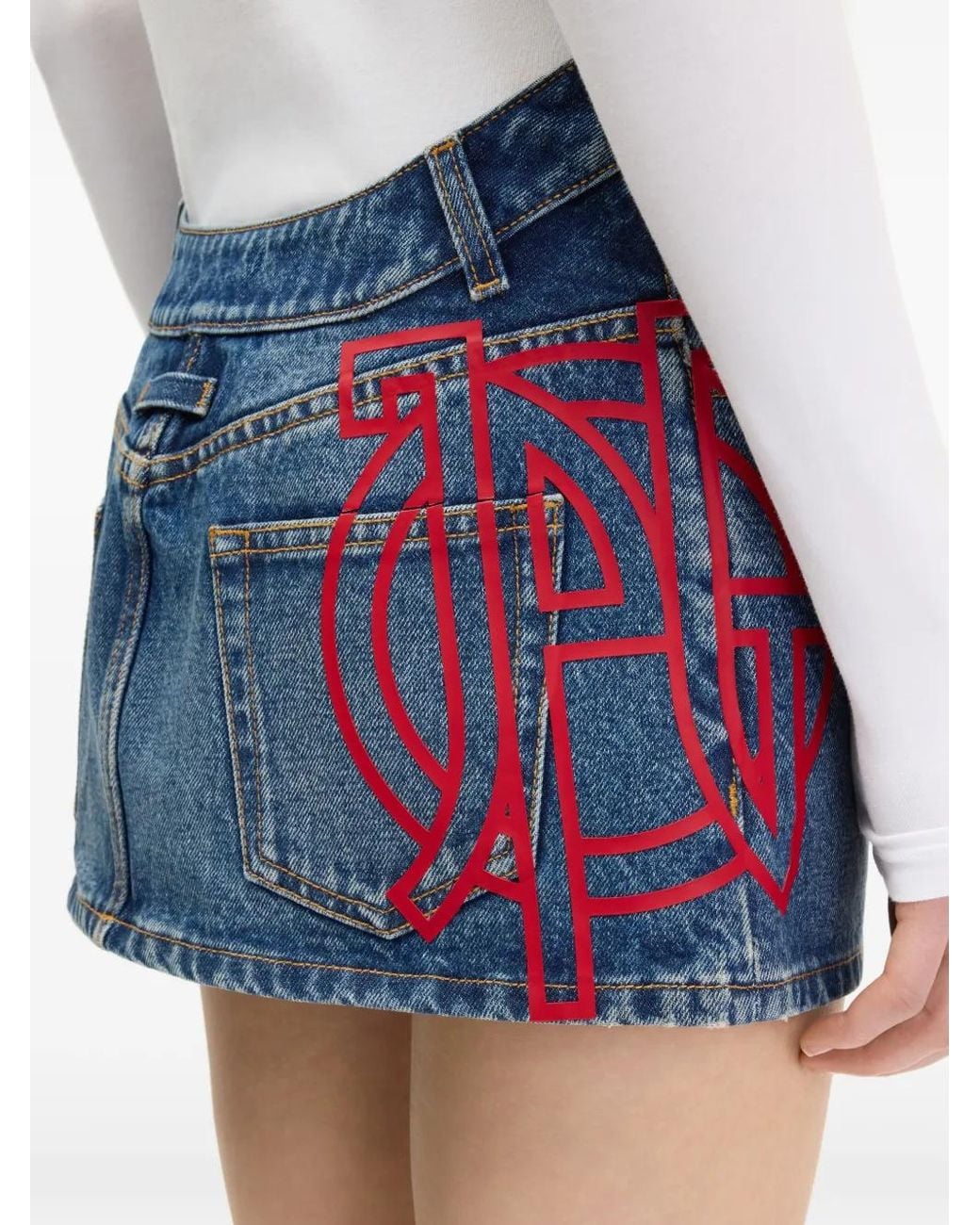 Jean Paul Gaultier Blue Mini Denim Skirt With Wavy Waistband And Jpg Print Details