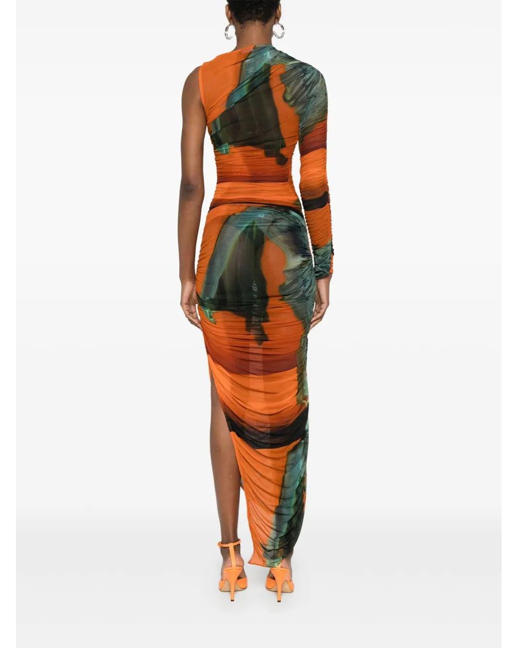 Mugler Orange Asymmetric Mesh Print Dress