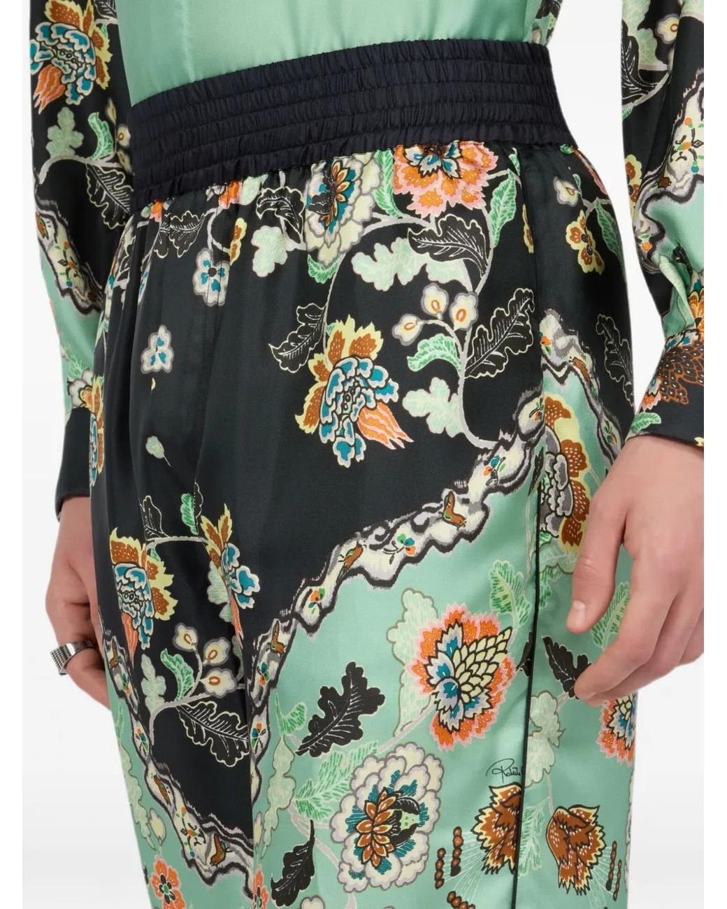 Roberto Cavalli Green Floral-Print Wide-Leg Trousers for men