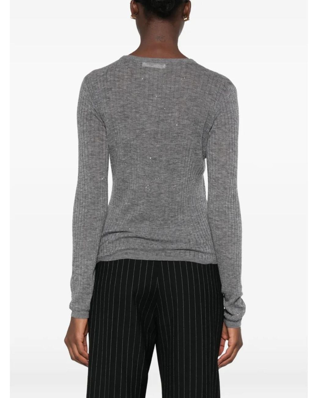ELEH Gray Ribbed-Knit Sequin-Embellished Sweater