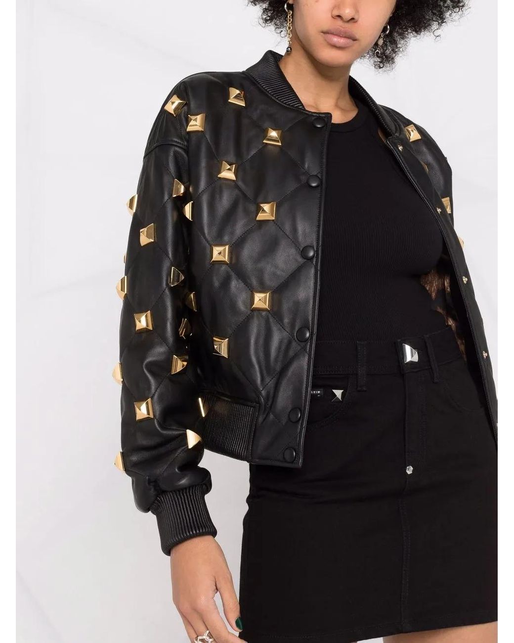 Philipp Plein Black Studded Quilted Bomber Jacket