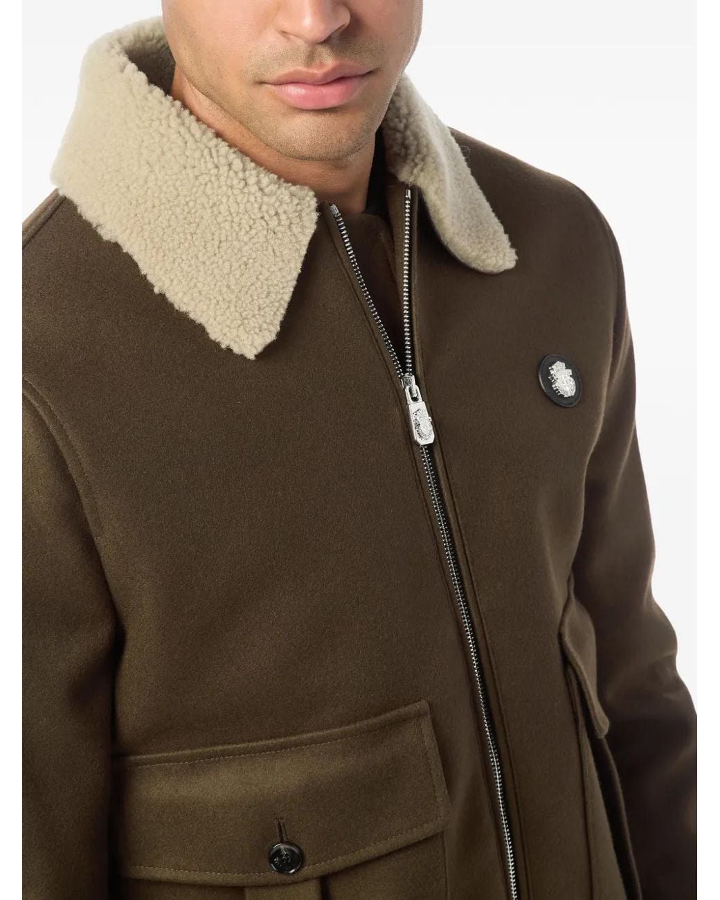 Billionaire Brown Shearling-Collared Wool Jacket for men