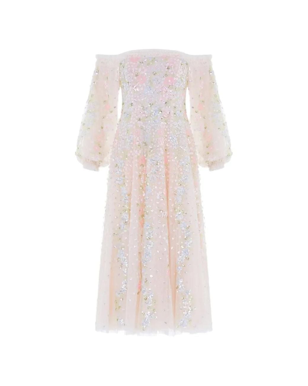 Needle & Thread White Confetti Sequin-Embellished Off-Shoulder Dress