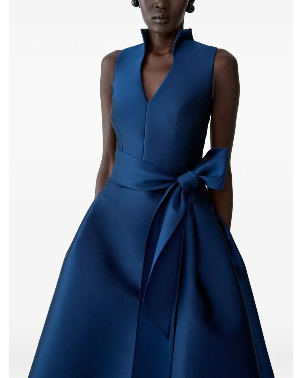 Carolina Herrera Blue Bow-Detail Stand-Collar V-Neck Flared Midi Dress