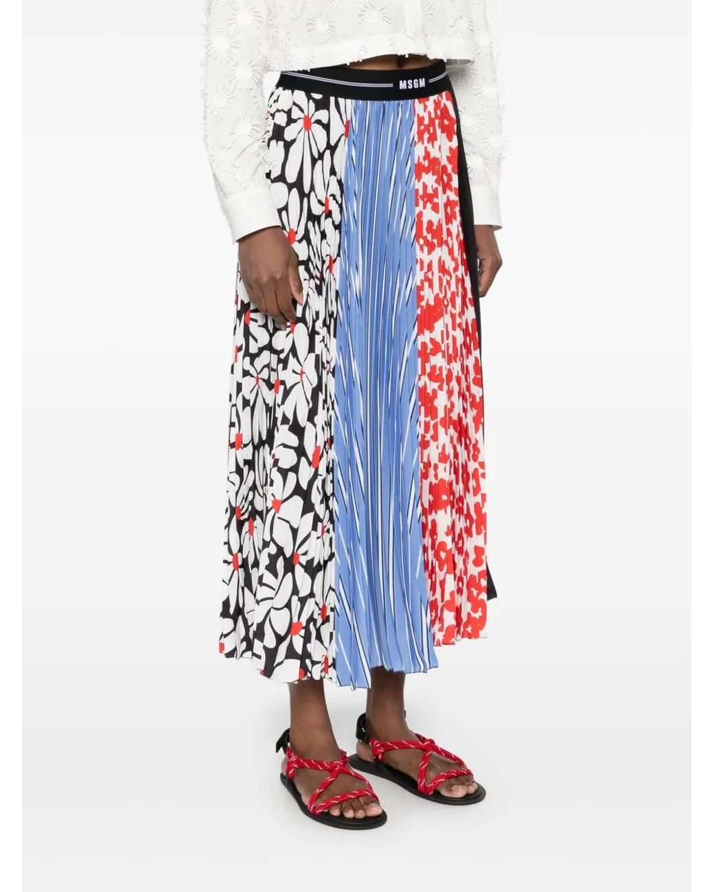 MSGM Red Mix-Print Midi Skirt