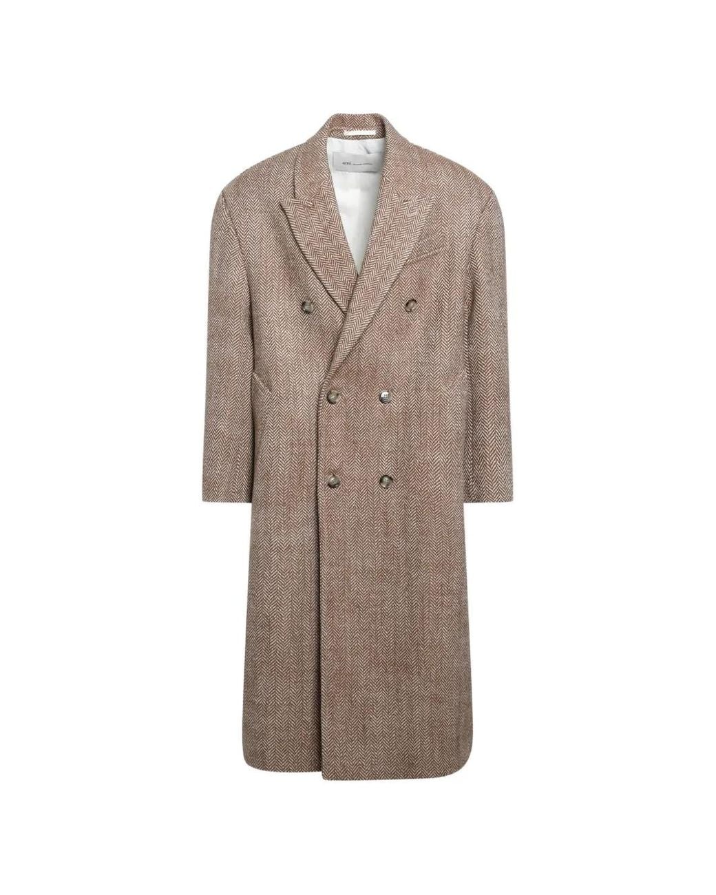 AMI Natural Herringbone Double-Breasted Coat for men