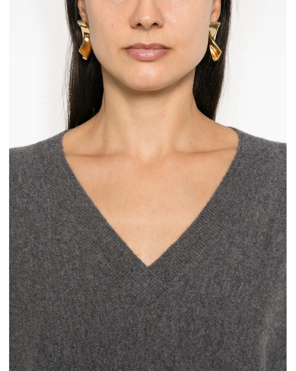 Lisa Yang Gray Fine Knit Cashmere V-Neck Sweater