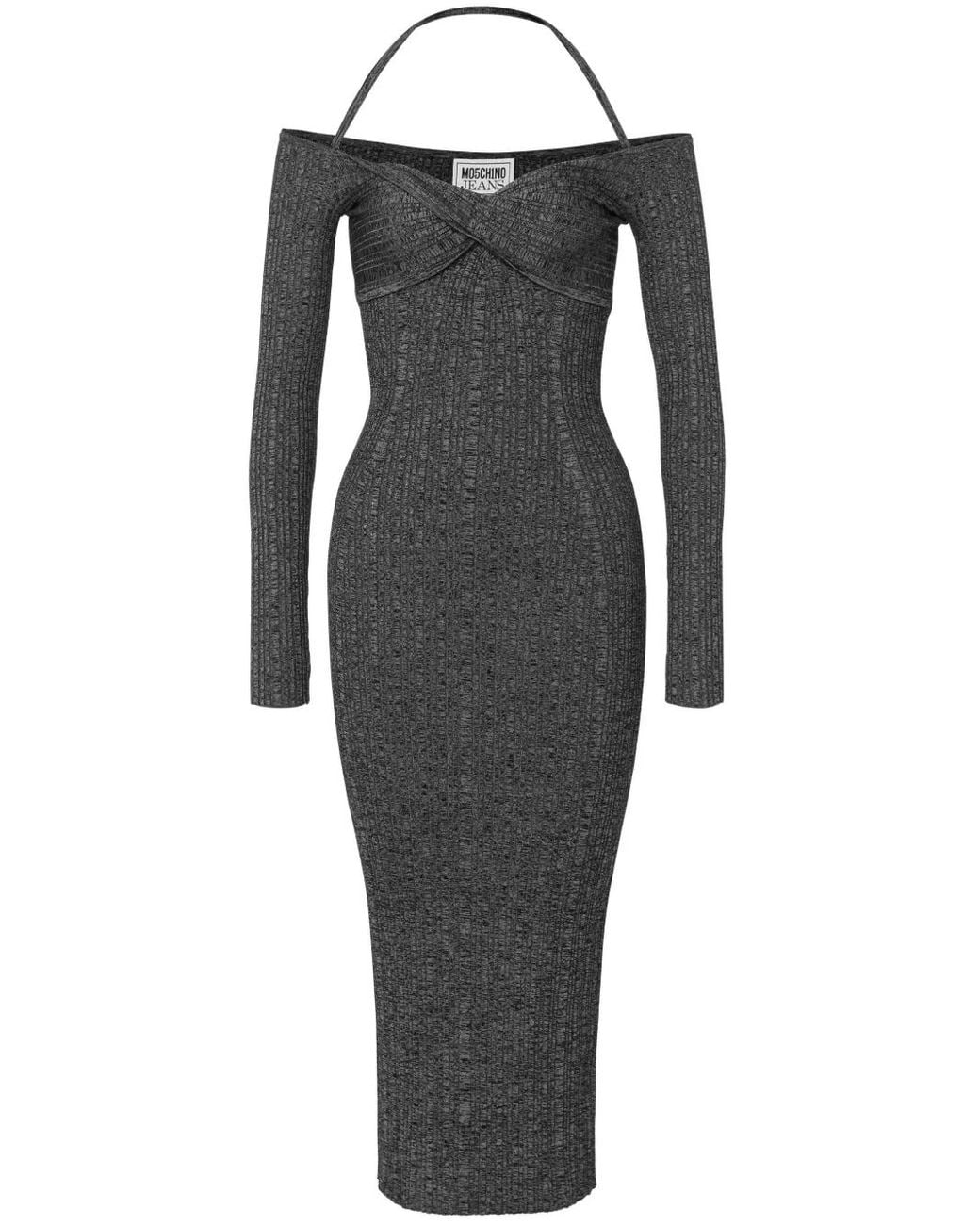 Moschino Black Off-Shoulder Ribbed Midi Dress