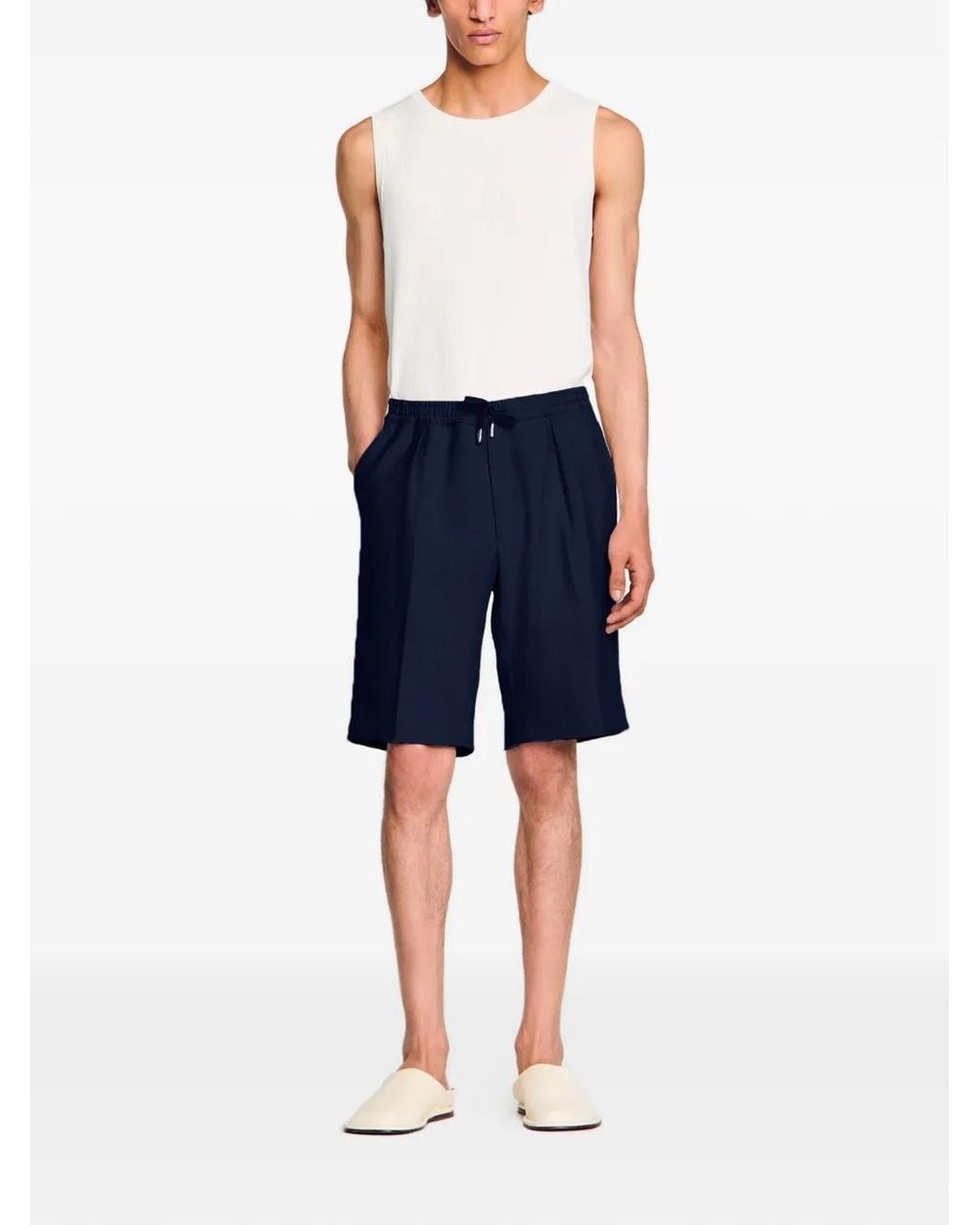 Sandro Blue Drawstring Pleated Bermuda Shorts for men